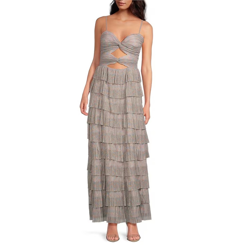 Gianni Bini Grace Metallic Plisse Sweetheart Neck Cut-Out Tiered Dress